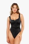 Popilush Shapewear Ruched Metallic Knit Square Neck Slimming Bodysuit In Jet Black