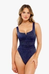 Popilush Shapewear Ruched Metallic Knit Square Neck Slimming Bodysuit In Midnight Blue