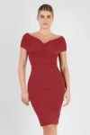 Popilush Shapewear Ruched Off-shoulder Sculpting Midi Dress In Maroon