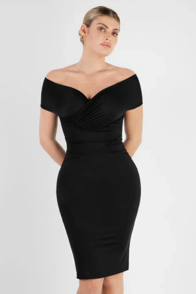 Popilush Shapewear Ruched Off-shoulder Sculpting Midi Dress In Midnight Black