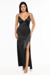 Popilush Shapewear Satin Deep-v Front Slit Maxi Dress In Black