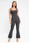 Popilush Shapewear Sculpting Denim Tank Flare Leg Jumpsuit In Charcoal Black