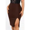 Popilush Shapewear Sculpting Faux Leather Front Slit Midi Skirt In Deep Coffee