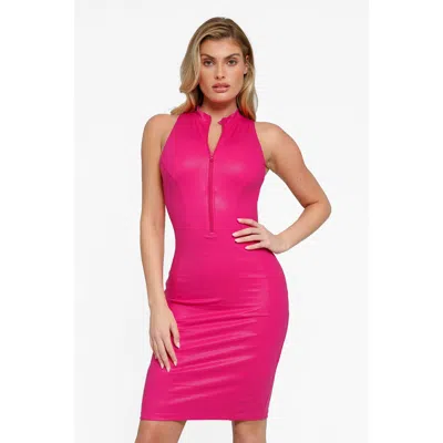 Popilush Shapewear Sculpting Faux Leather Zip Front Midi Dress In Cerise