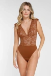 Popilush Shapewear Sculpting Lace Bodysuit Or Midi Skirt Or Shrug In Chocolate