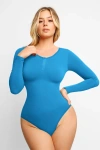 Popilush Shapewear Seamless Modal Long Sleeve Henley Bodysuit In Blue Blossom