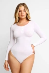 Popilush Shapewear Seamless Modal Long Sleeve Henley Bodysuit In Ivory