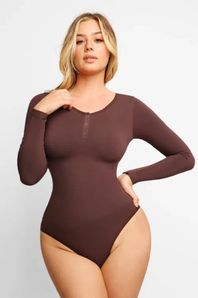 Popilush Shapewear Seamless Modal Long Sleeve Henley Bodysuit In Mahogany