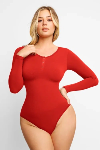 Popilush Shapewear Seamless Modal Long Sleeve Henley Bodysuit In Scarlet