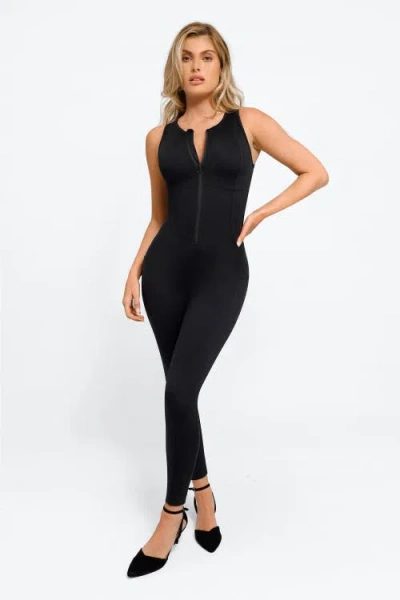 Popilush Shapewear Sleeveless Body-sculpting Zip Front Jumpsuit In Jet Black