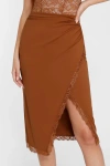 Popilush Shapewear Slimming Lace Trim Midi Wrap Skirt In Caramel