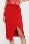 Popilush Shapewear Slimming Lace Trim Midi Wrap Skirt In Pillar Box Red