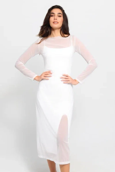 Popilush Shapewear Slimming Midi Dress And Sheer Mesh Overlay Set In Ivory White