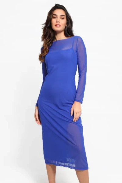 Popilush Shapewear Slimming Midi Dress And Sheer Mesh Overlay Set In Royal Blue