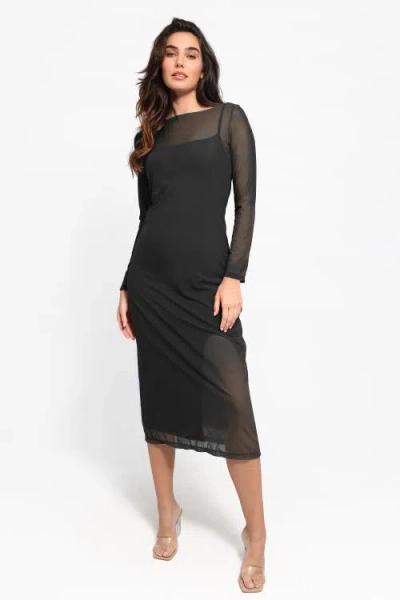 Popilush Shapewear Slimming Midi Dress And Sheer Mesh Overlay Set In Solid Black