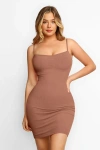 Popilush Shapewear Solid Modal Butt Lift Mini Slip Dress In Caramel