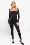 Popilush Shapewear Square Neck Long Sleeve Butt Lift Jumpsuit In Midnight Black