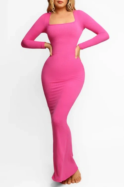 Popilush Shapewear Square Neck Long Sleeve Slimming Modal Maxi Dress In Blush