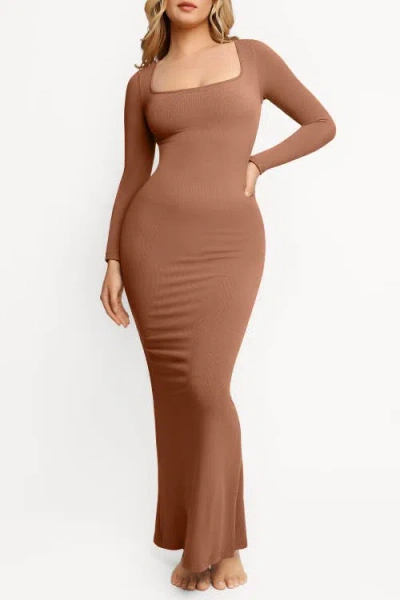 Popilush Shapewear Square Neck Long Sleeve Slimming Modal Maxi Dress In Chocolate