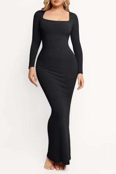 Popilush Shapewear Square Neck Long Sleeve Slimming Modal Maxi Dress In Jet