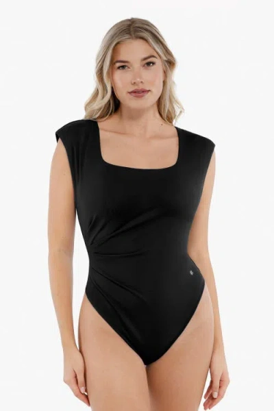 Popilush Shapewear Square Neck Padded Shoulder Slimming Bodysuit In Midnight Black