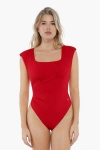 Popilush Shapewear Square Neck Padded Shoulder Slimming Bodysuit In Rust Red