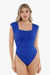 Popilush Shapewear Square Neck Padded Shoulder Slimming Bodysuit In Sapphire Blue
