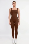Popilush Shapewear Square Neck Thigh Slimming Workout Jumpsuit In Chocolate
