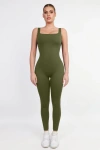 Popilush Shapewear Square Neck Thigh Slimming Workout Jumpsuit In Jade Green