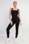 Popilush Shapewear Square Neck Thigh Slimming Workout Jumpsuit In Midnight Black