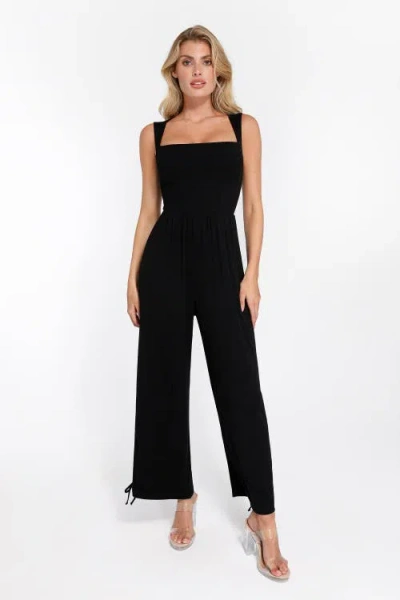 Popilush Shapewear Square Neck Tummy Control Wide Leg Jumpsuit In Midnight Black