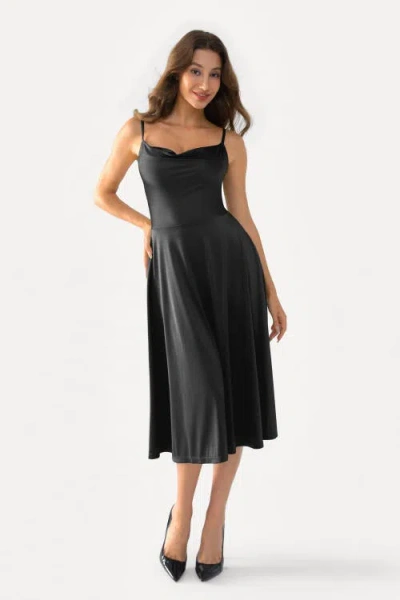 Popilush Shapewear Strappy Cowl Neck Fit & Flare Midi Dress In Black
