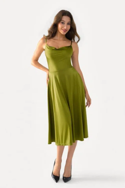 Popilush Shapewear Strappy Cowl Neck Fit & Flare Midi Dress In Green