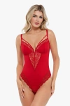 Popilush Shapewear Strappy Tummy Control Lace Inset Bodysuit In Chili Red