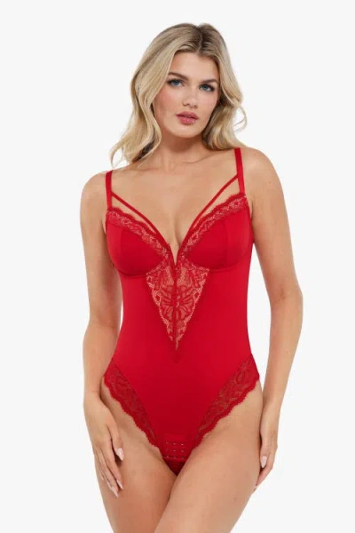 Popilush Shapewear Strappy Tummy Control Lace Inset Bodysuit In Chili Red