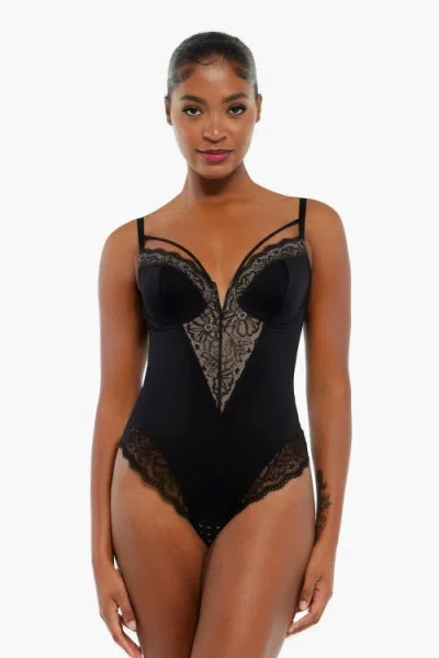 Popilush Shapewear Strappy Tummy Control Lace Inset Bodysuit In Midnight Black