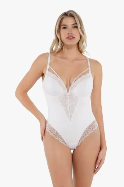 Popilush Shapewear Strappy Tummy Control Lace Inset Bodysuit In Pearl White