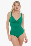 Popilush Shapewear Twist Front Ruched Sculpting Swimsuit In Emerald Green