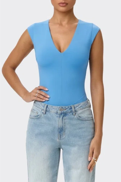 Popilush Shapewear V-neck Cap Sleeve Tummy Control Bodysuit In Baby Blue