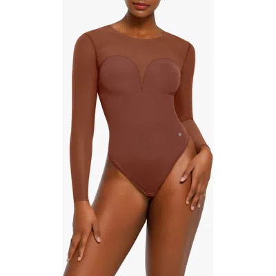 Popilush Sheer Mesh Sultry Date Night & Cocktail Long Sleeve Bodysuit In Brown