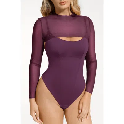 Popilush Sheer Shapewear Mesh Cutout Corset Bodysuit 2-piece Set In Purple