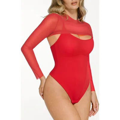 Popilush Sheer Shapewear Mesh Cutout Corset Bodysuit 2-piece Set In Red