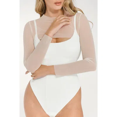 Popilush Sheer Shapewear Mesh Cutout Corset Bodysuit 2-piece Set In White