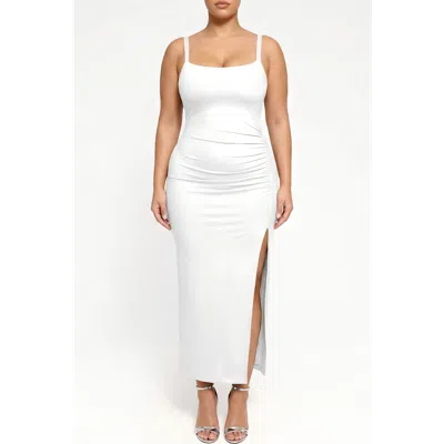 Popilush Snatched Ruched Side Slit Maxi Shapewear Party Dress In White