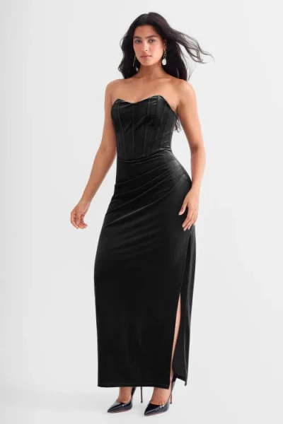 Popilush Strapless Velvet Ruched Sculpting Corset Gown In Black