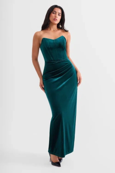Popilush Strapless Velvet Ruched Sculpting Corset Gown In Green
