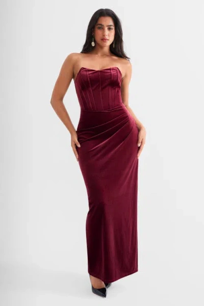 Popilush Strapless Velvet Ruched Sculpting Corset Gown In Brown