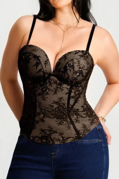 Popilush Underwire Snatched Push-up Lace Flora Convertible Strap Corset Bustier In Black