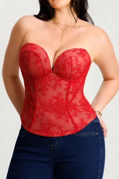 Popilush Underwire Snatched Push-up Lace Flora Convertible Strap Corset Bustier In Red