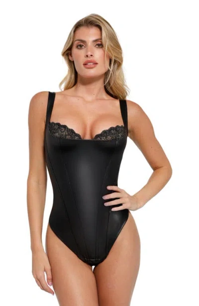 Popilush Valentine's Day Shapewear Faux Leather Lace Balconette Sculpting Bodysuit In Black